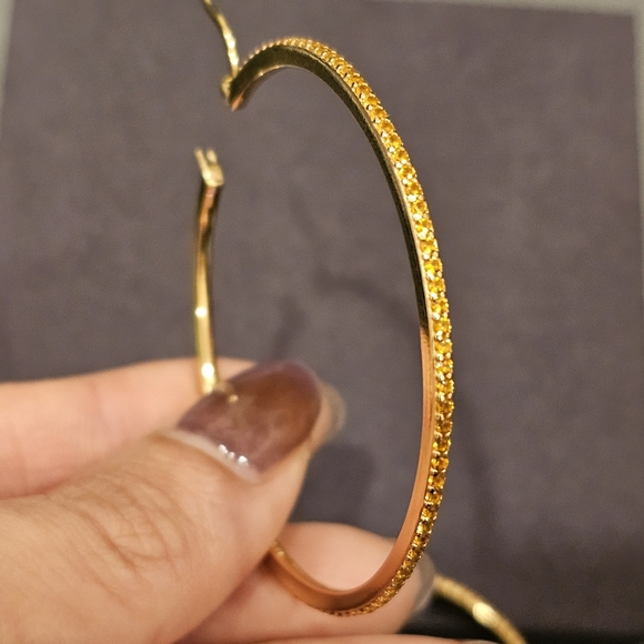 Citrine 2.25" hoop earrings set in 14k gold plated sterling silver. Hinged clasp - Picture 6 of 10